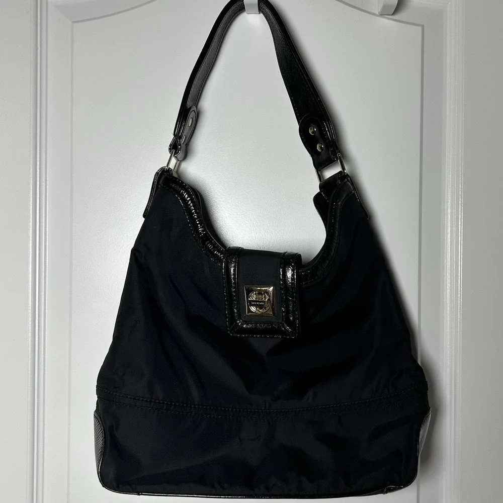 Kate Spade New York Black Nylon Patent Trim Gold Hardware Hobo Shoulder Bag